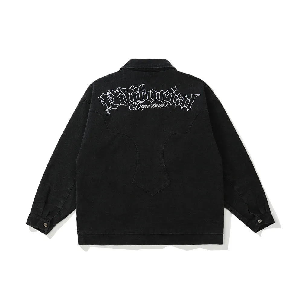 Men Denim Coat Jean Jackets Letter Embroidery Washed Do the Old Cowboy Coat Men Loose Lapels Denim Clothes Jacket