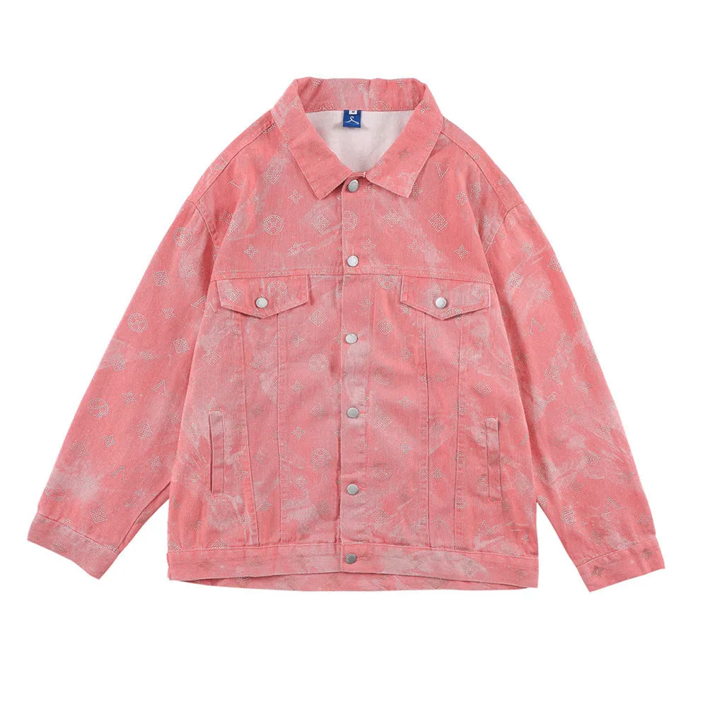 Men Denim Coat Jean Jackets Letter Rhinestone Denim Coat Men's Loose Lapels Jacket Vintage Denim Jacket