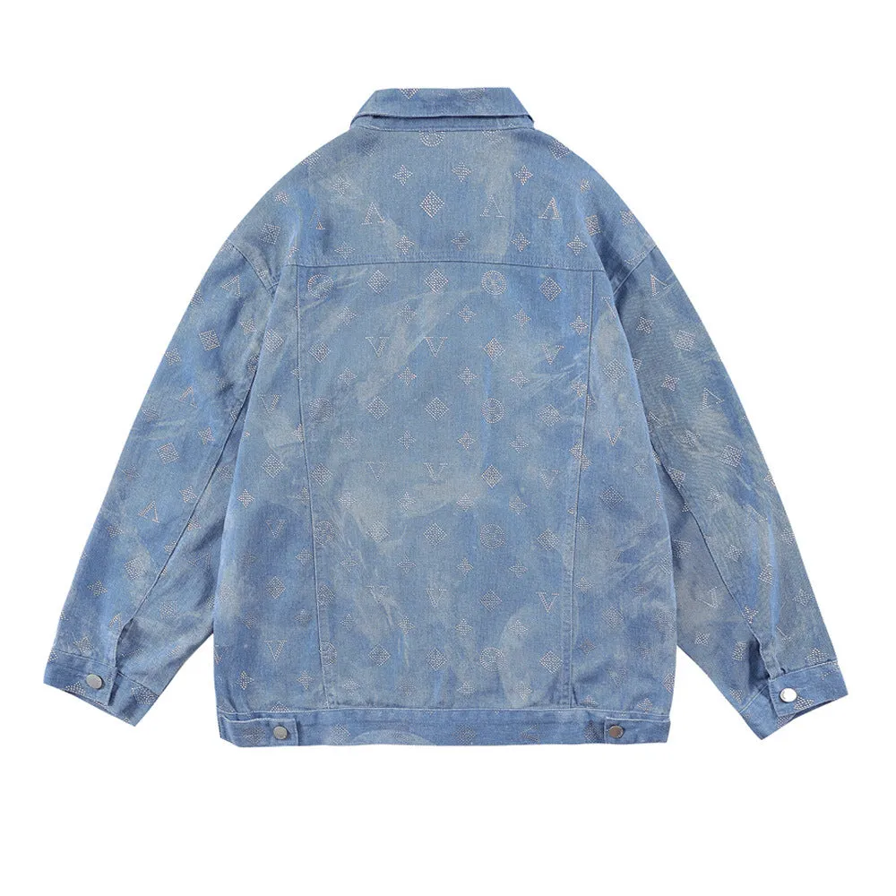 Men Denim Coat Jean Jackets Letter Rhinestone Denim Coat Men's Loose Lapels Jacket Vintage Denim Jacket