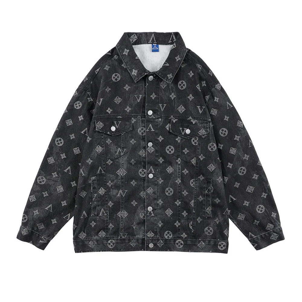 Men Denim Coat Jean Jackets Letter Rhinestone Denim Coat Men's Loose Lapels Jacket Vintage Denim Jacket