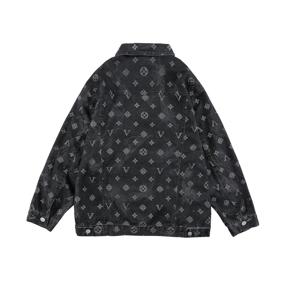 Men Denim Coat Jean Jackets Letter Rhinestone Denim Coat Men's Loose Lapels Jacket Vintage Denim Jacket