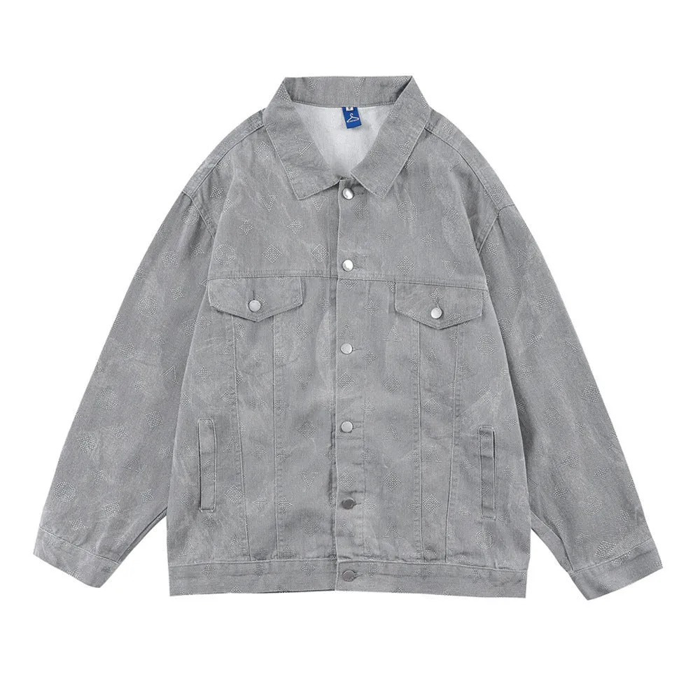 Men Denim Coat Jean Jackets Letter Rhinestone Denim Coat Men's Loose Lapels Jacket Vintage Denim Jacket