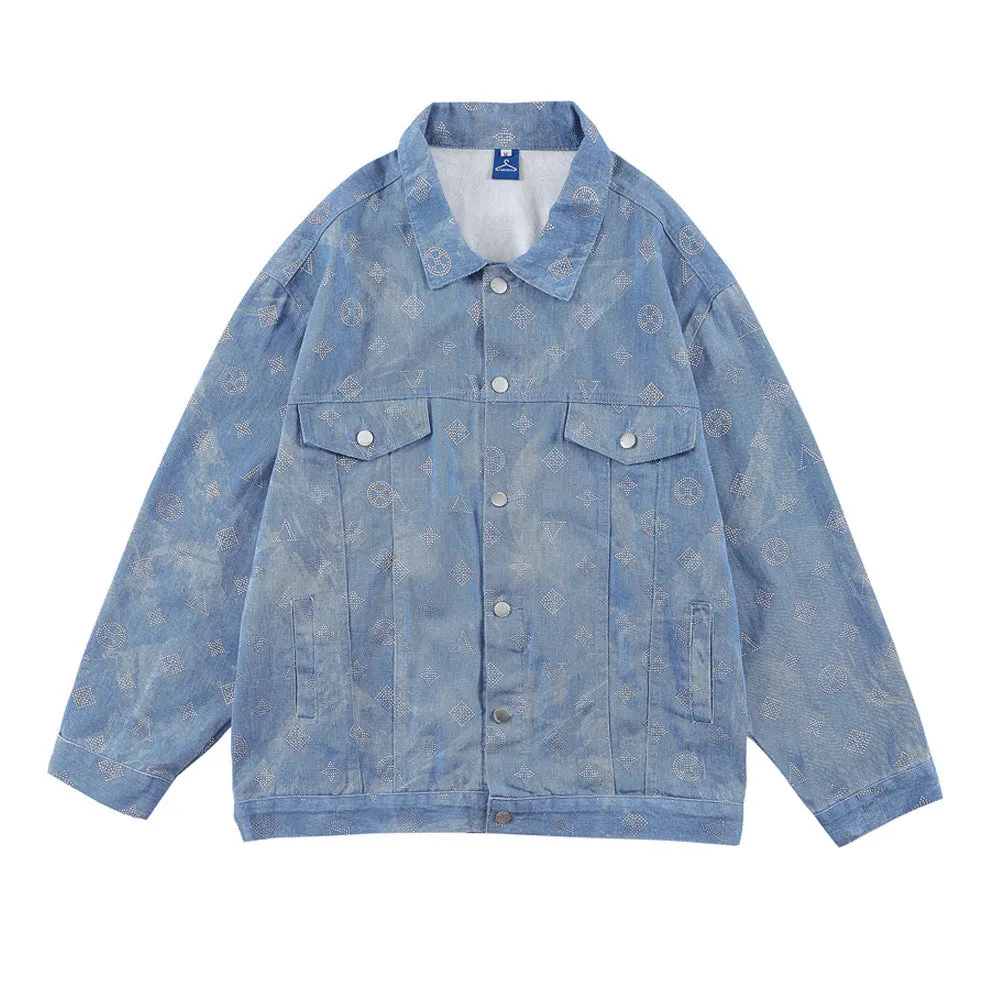 Men Denim Coat Jean Jackets Letter Rhinestone Denim Coat Men's Loose Lapels Jacket Vintage Denim Jacket