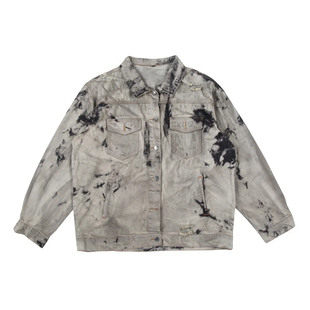 Men Denim Coat Jean Jackets Ripped Distressed Tie-Dyed Denim Jacket Men's Polo Collar Jacket Vintage Denim Jacket