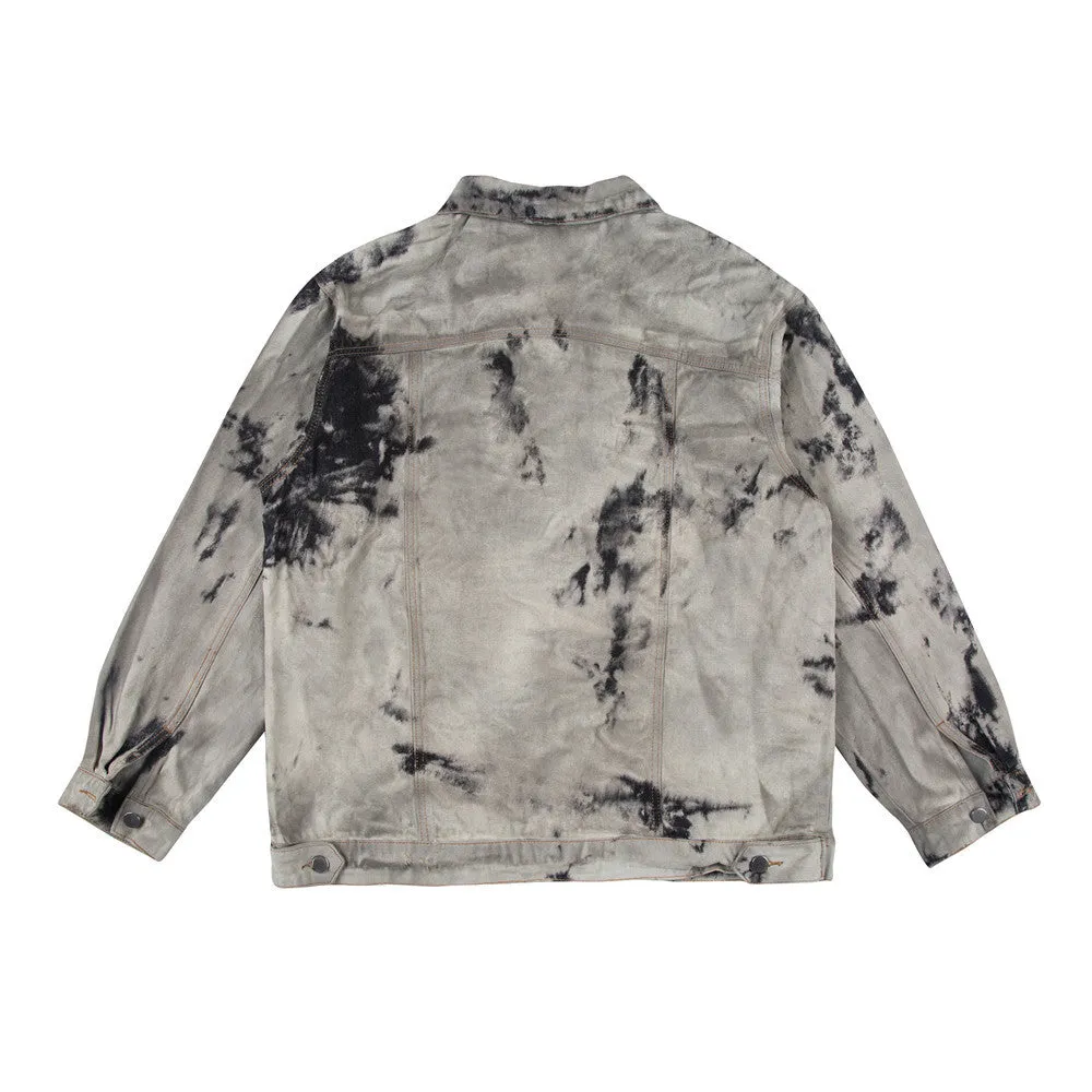 Men Denim Coat Jean Jackets Ripped Distressed Tie-Dyed Denim Jacket Men's Polo Collar Jacket Vintage Denim Jacket