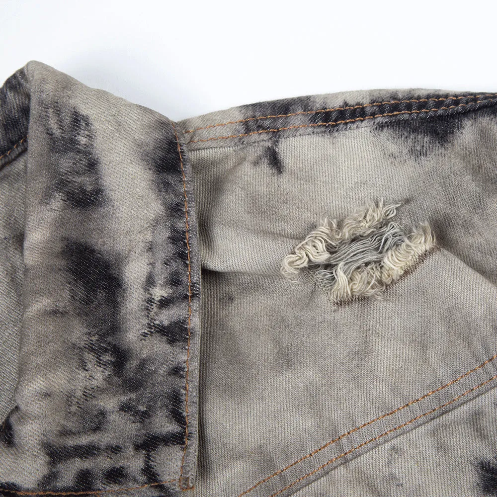 Men Denim Coat Jean Jackets Ripped Distressed Tie-Dyed Denim Jacket Men's Polo Collar Jacket Vintage Denim Jacket