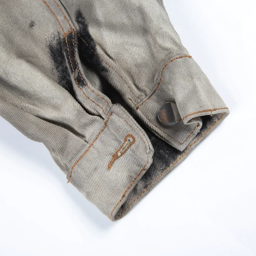 Men Denim Coat Jean Jackets Ripped Distressed Tie-Dyed Denim Jacket Men's Polo Collar Jacket Vintage Denim Jacket