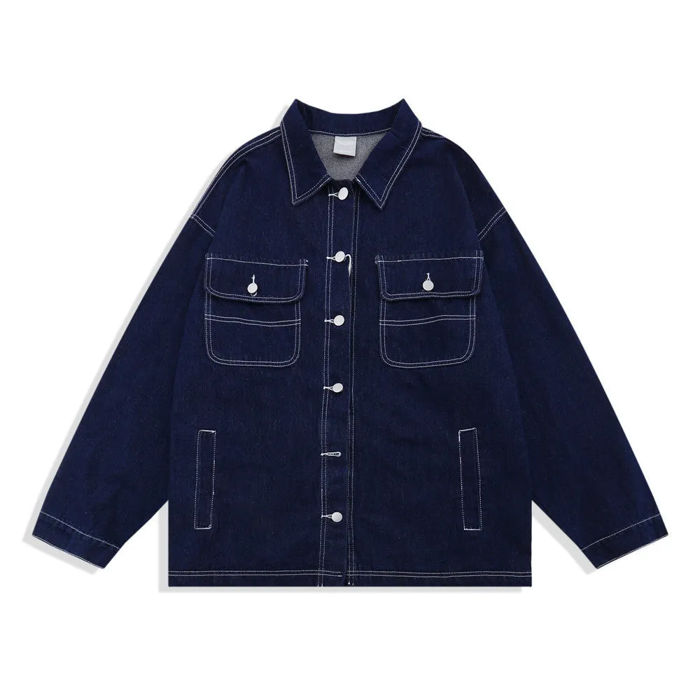 Men Denim Coat Jean Jackets Solid Color Denim Jacket Men Loose Lapels Shirt Style Jacket Denim Coat