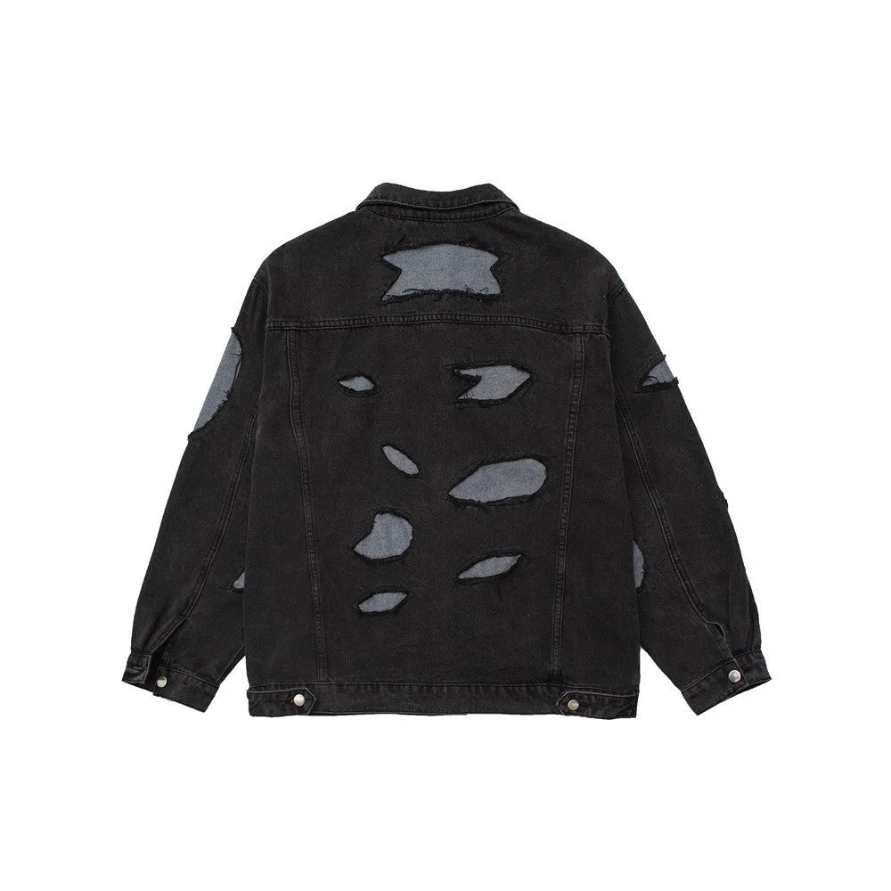 Men Denim Coat Jean Jackets Stitching Ripped Do the Old Cowboy Coat Men's Loose Lapels Jacket Punk Jeans