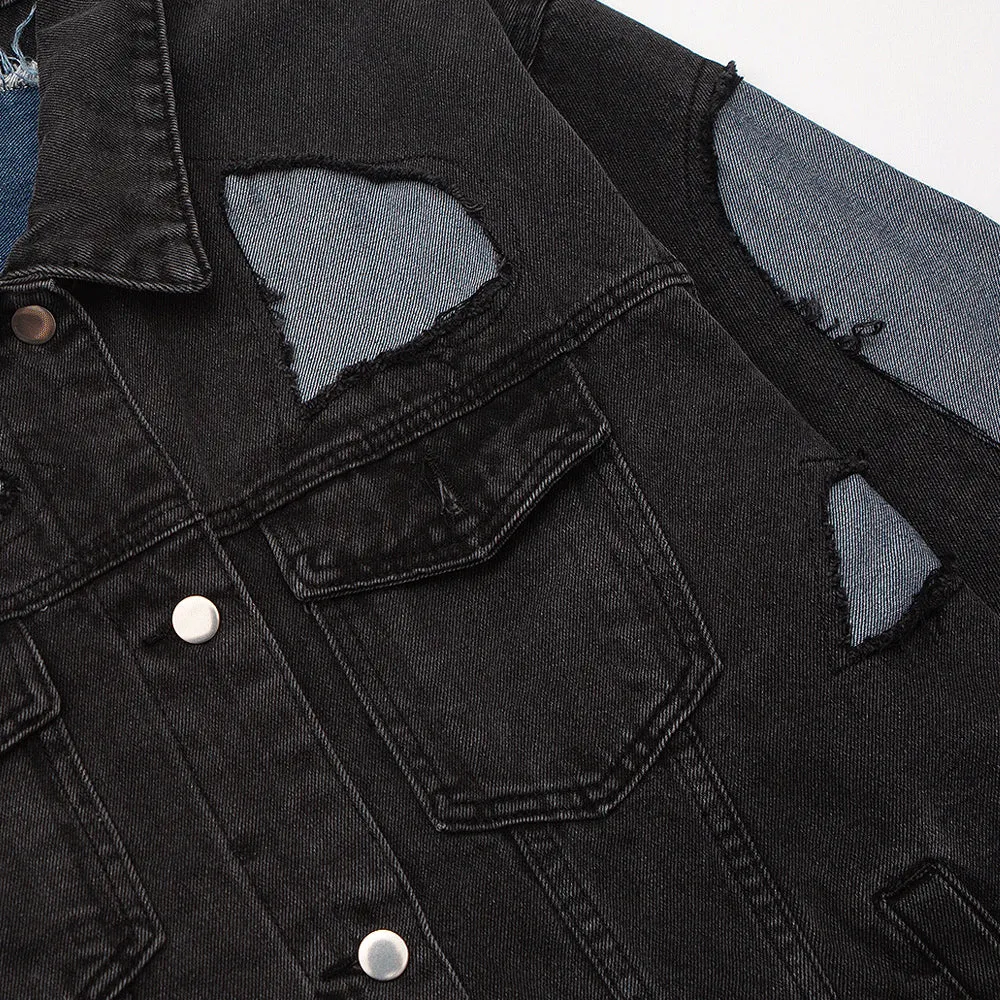 Men Denim Coat Jean Jackets Stitching Ripped Do the Old Cowboy Coat Men's Loose Lapels Jacket Punk Jeans