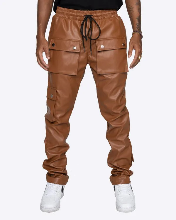 Men's Faux Leather Olive Green Snap Cargo Pocket Pants