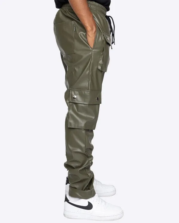 Men's Faux Leather Olive Green Snap Cargo Pocket Pants