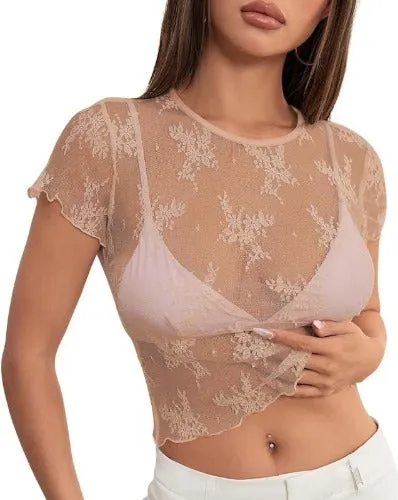 MEROKEETY 2024 Women's Sheer Mesh Cap Sleeve Crop Top