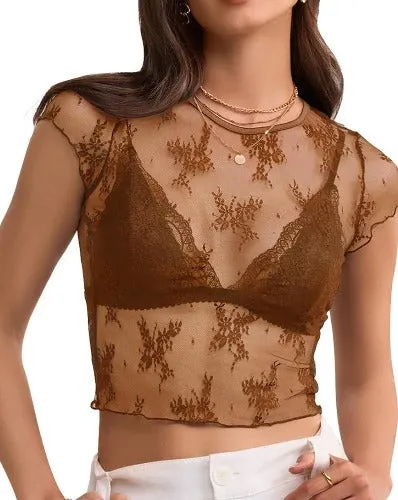 MEROKEETY 2024 Women's Sheer Mesh Cap Sleeve Crop Top