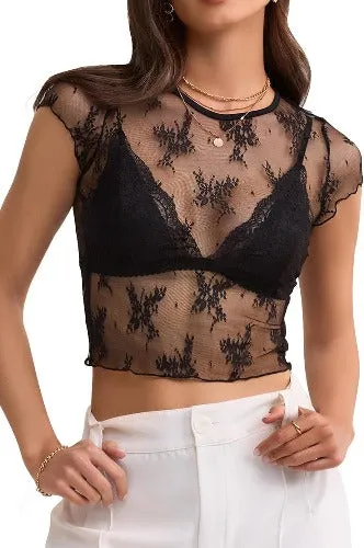 MEROKEETY 2024 Women's Sheer Mesh Cap Sleeve Crop Top