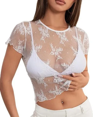 MEROKEETY 2024 Women's Sheer Mesh Cap Sleeve Crop Top