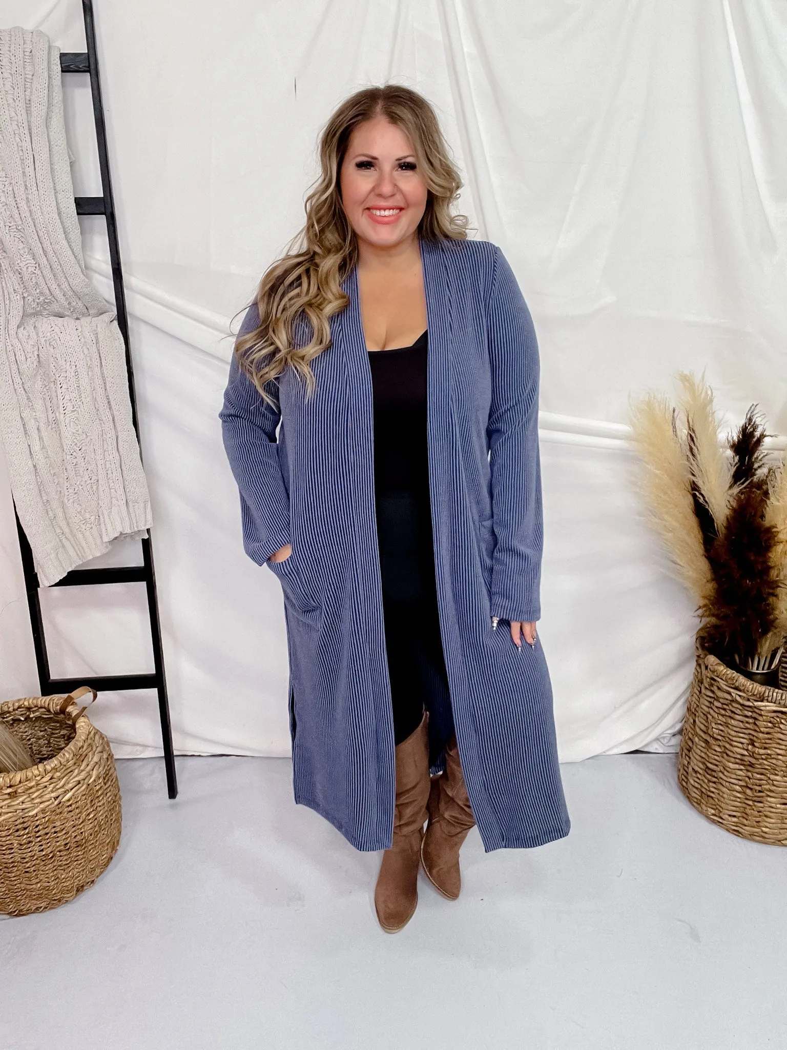 Navy Blue Long Ribbed Duster with Side Slits