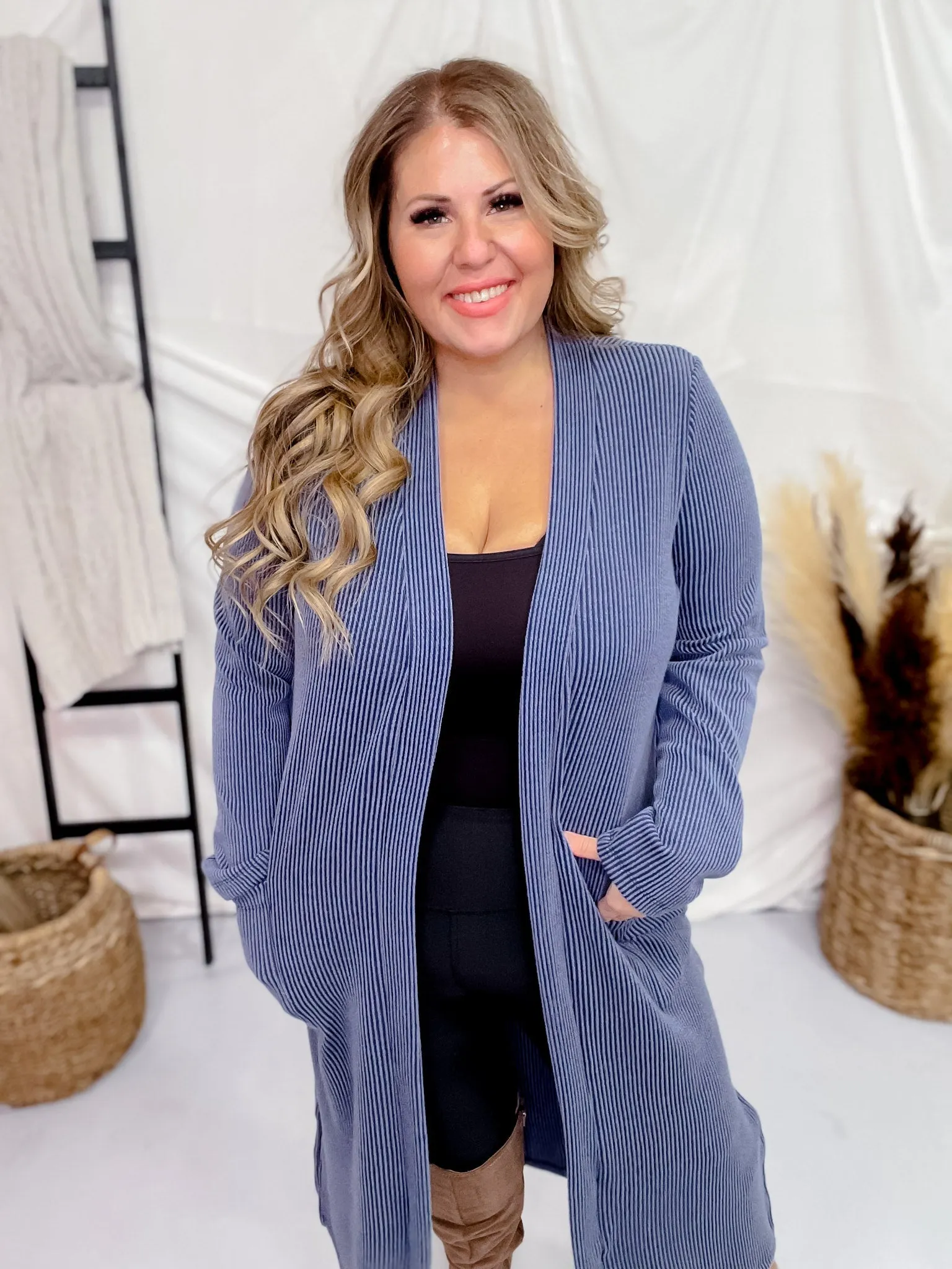 Navy Blue Long Ribbed Duster with Side Slits