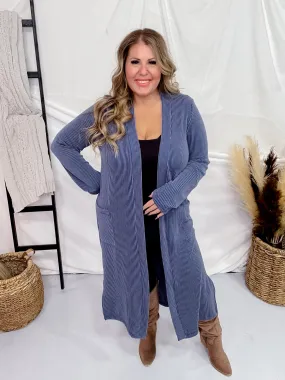 Navy Blue Long Ribbed Duster with Side Slits
