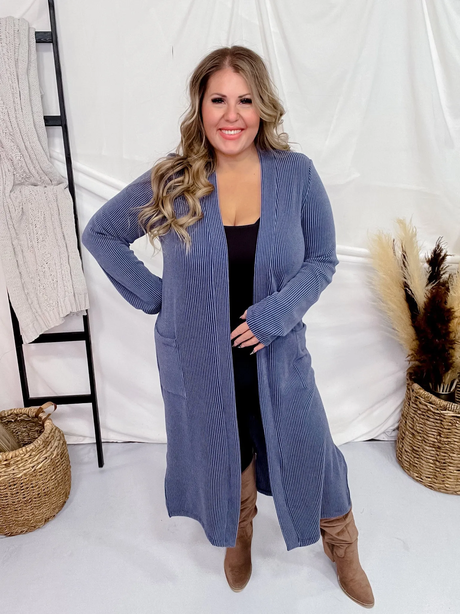 Navy Blue Long Ribbed Duster with Side Slits