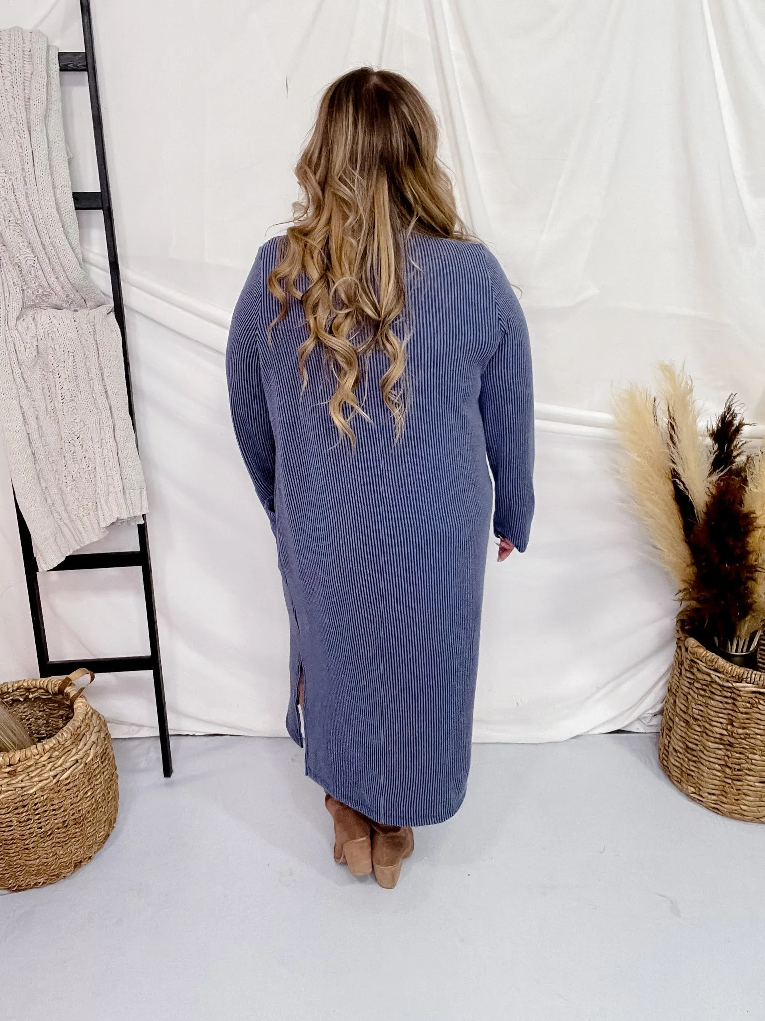 Navy Blue Long Ribbed Duster with Side Slits