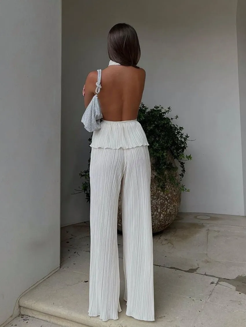 Pleat Code Halter Neck Pleated Top and Pants Set