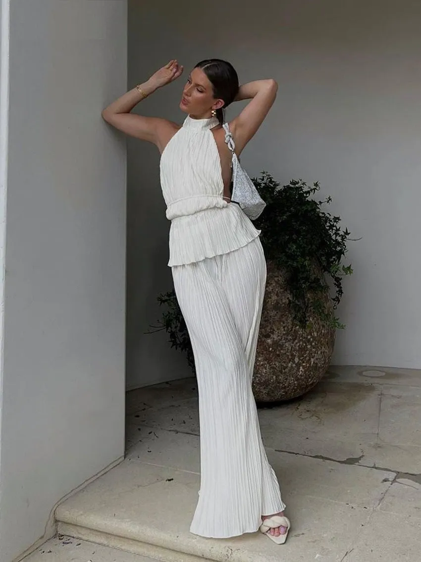 Pleat Code Halter Neck Pleated Top and Pants Set