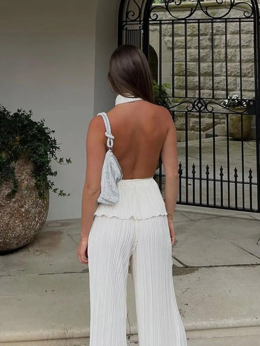 Pleat Code Halter Neck Pleated Top and Pants Set