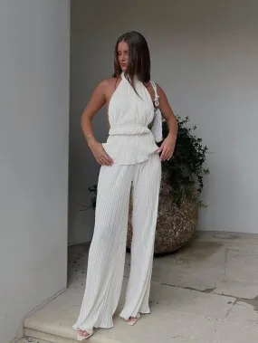 Pleat Code Halter Neck Pleated Top and Pants Set