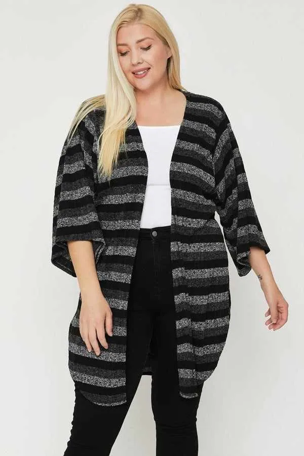Plus Size Multi-color Striped Black Cardigan