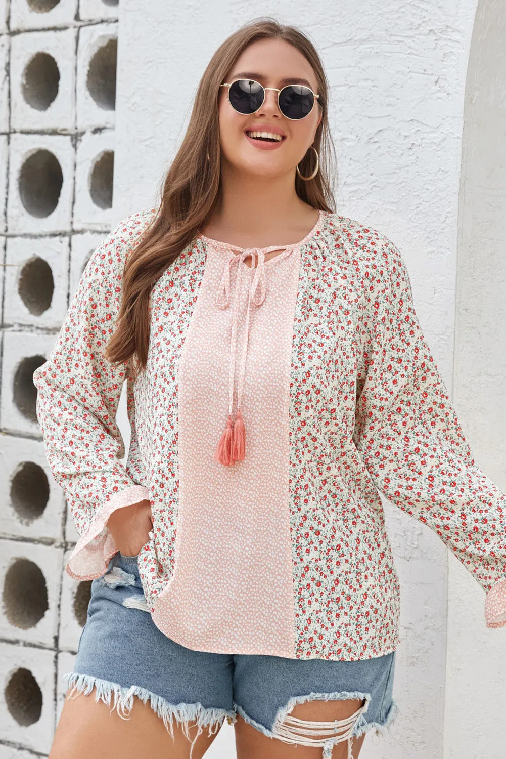 Plus Size Tassel Tie Flounce Sleeve Blouse | Boho Flirty Flowy Top