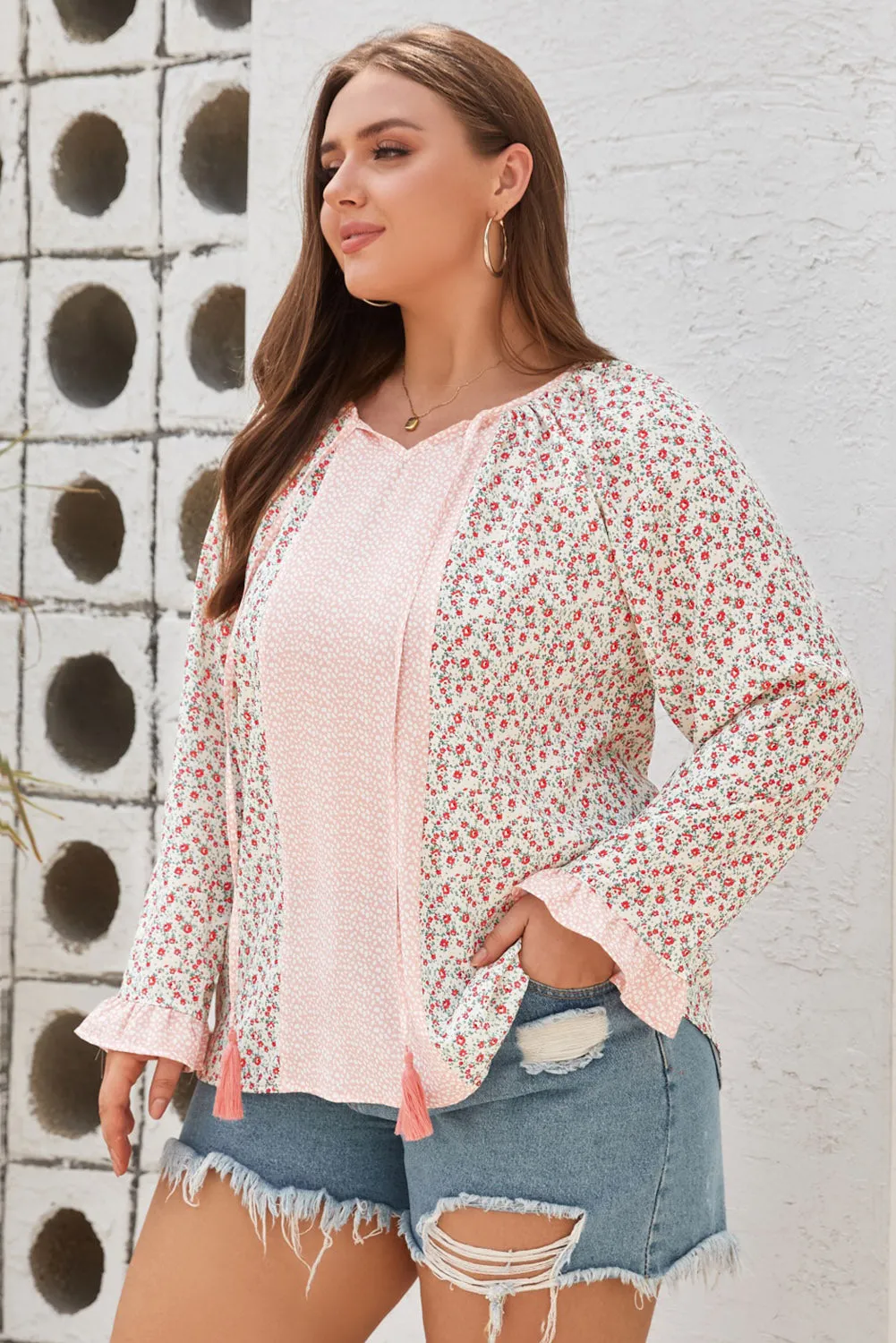 Plus Size Tassel Tie Flounce Sleeve Blouse | Boho Flirty Flowy Top