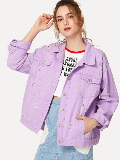 Ripped Drop Shoulder Denim Jacket