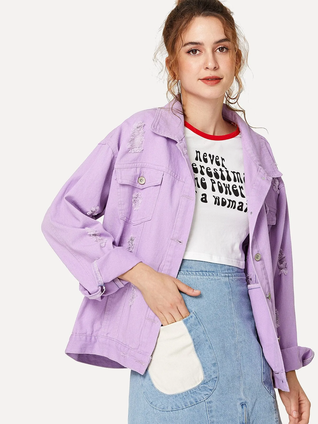 Ripped Drop Shoulder Denim Jacket