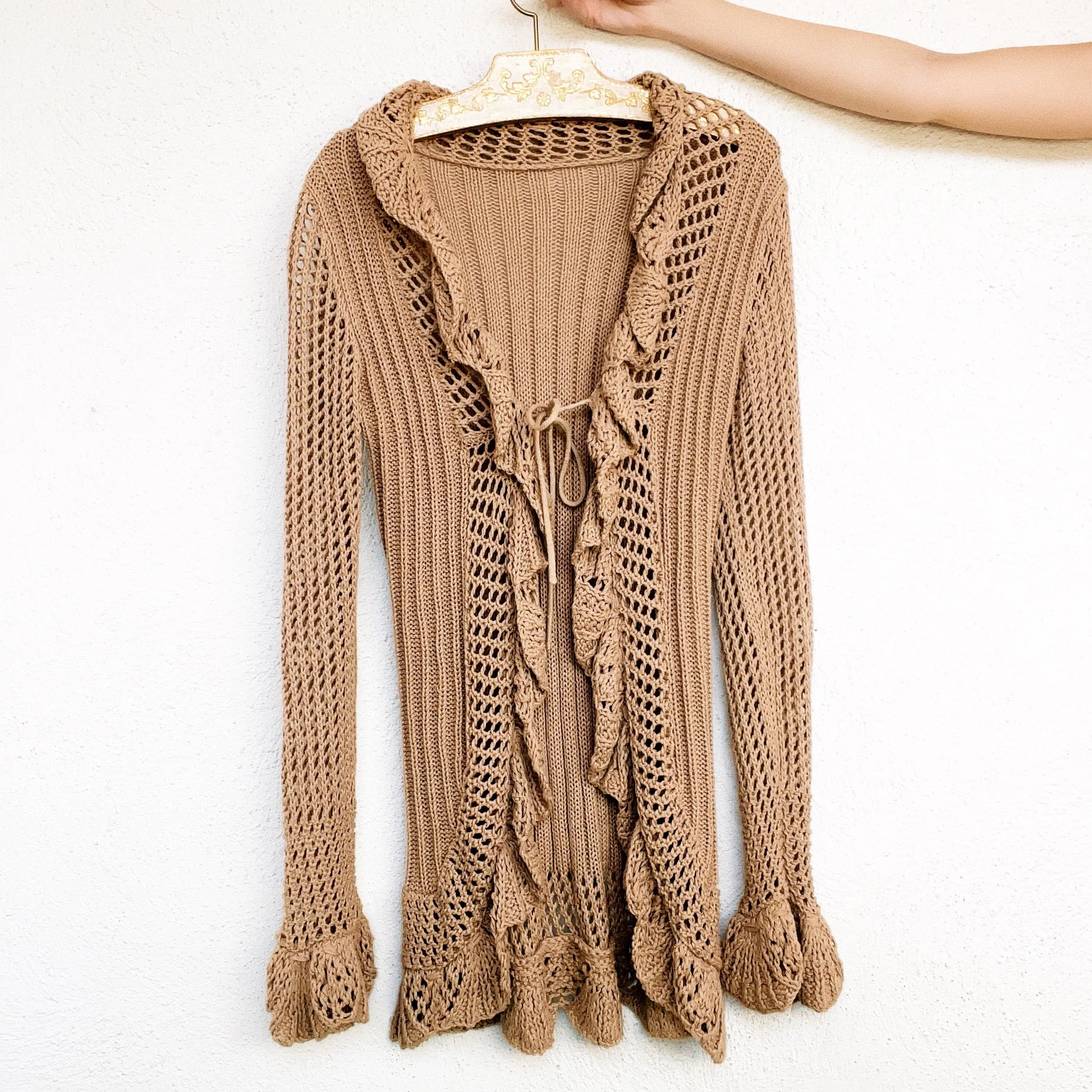 Ruffly Tan Knit Duster Cardigan (S/M)