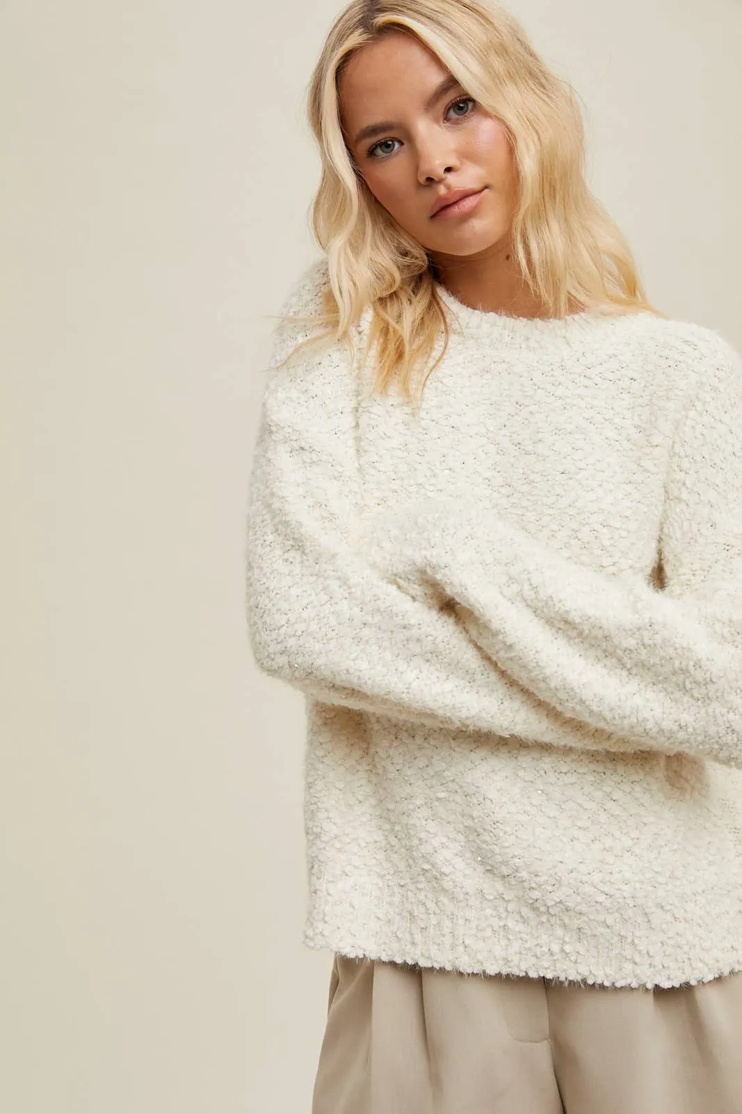SEQUIN DETAIL RELAXED CROP POPCORN SWEATER