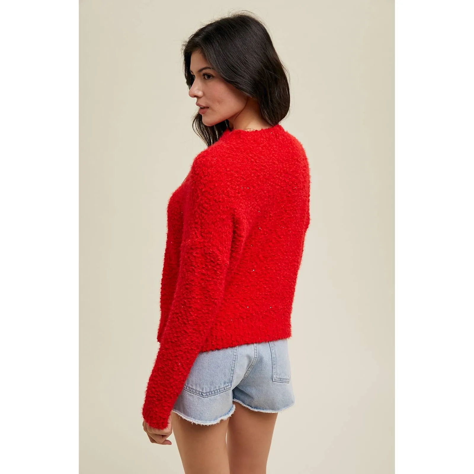 SEQUIN DETAIL RELAXED CROP POPCORN SWEATER