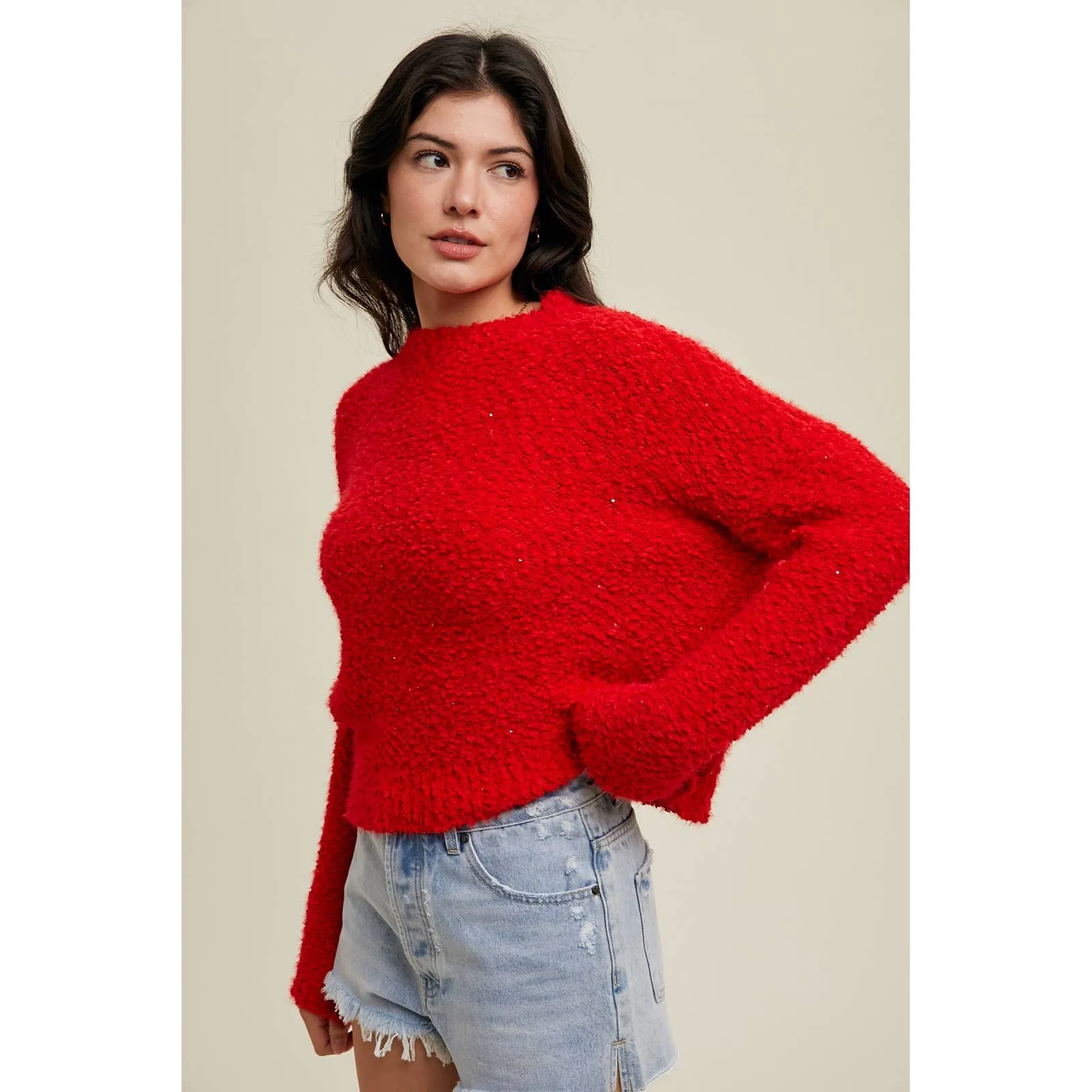 SEQUIN DETAIL RELAXED CROP POPCORN SWEATER