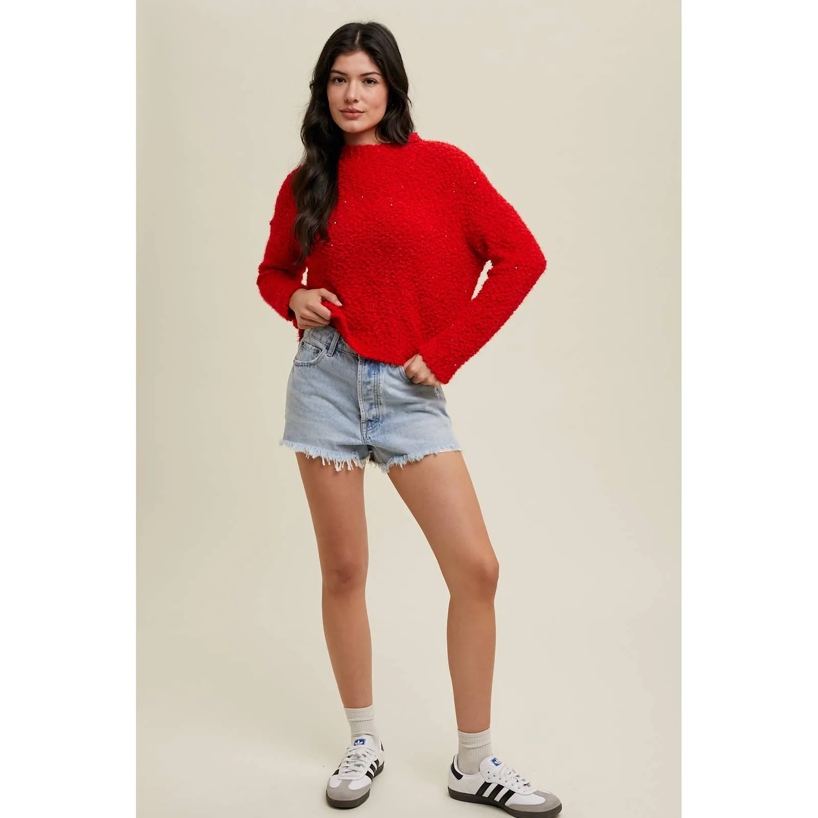 SEQUIN DETAIL RELAXED CROP POPCORN SWEATER