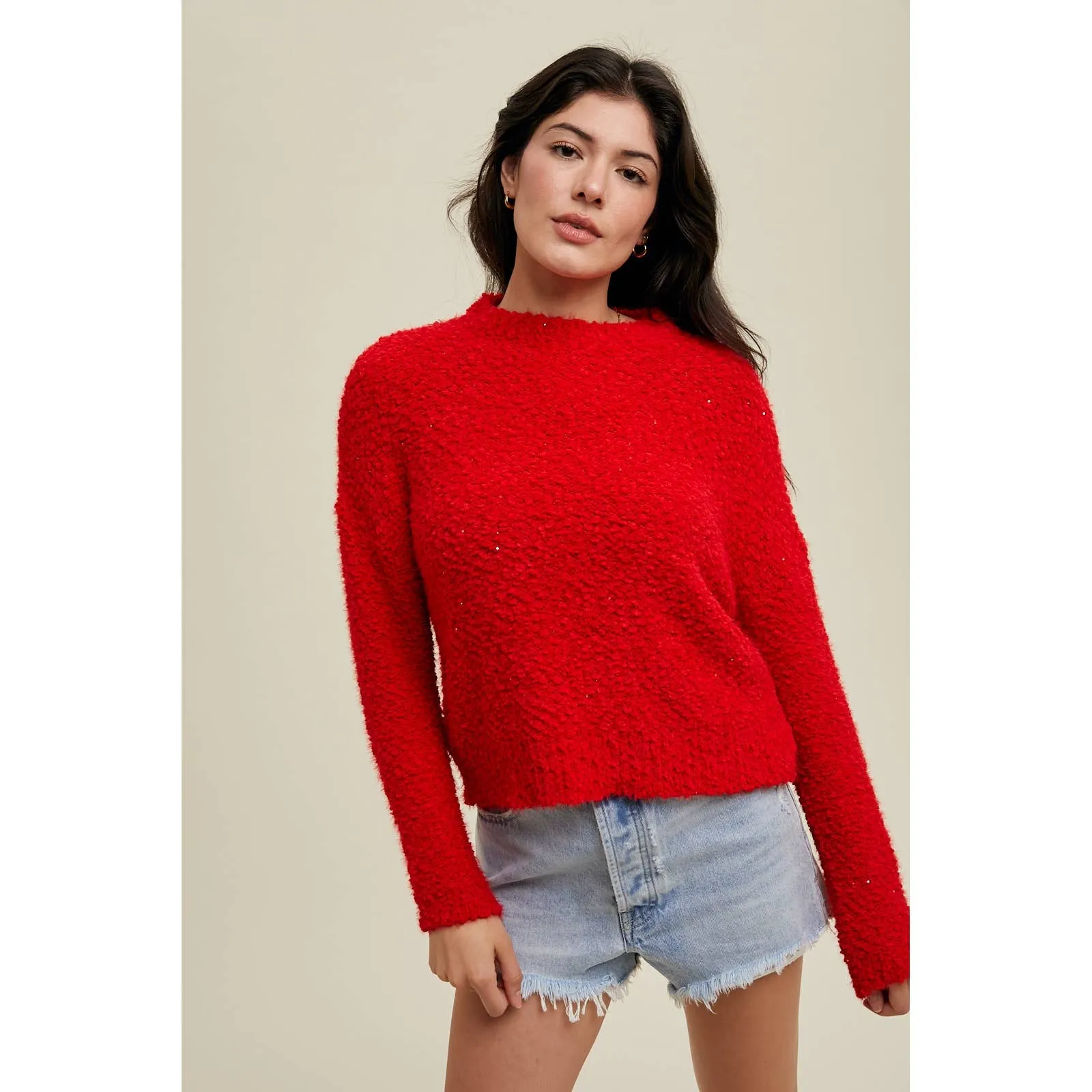 SEQUIN DETAIL RELAXED CROP POPCORN SWEATER