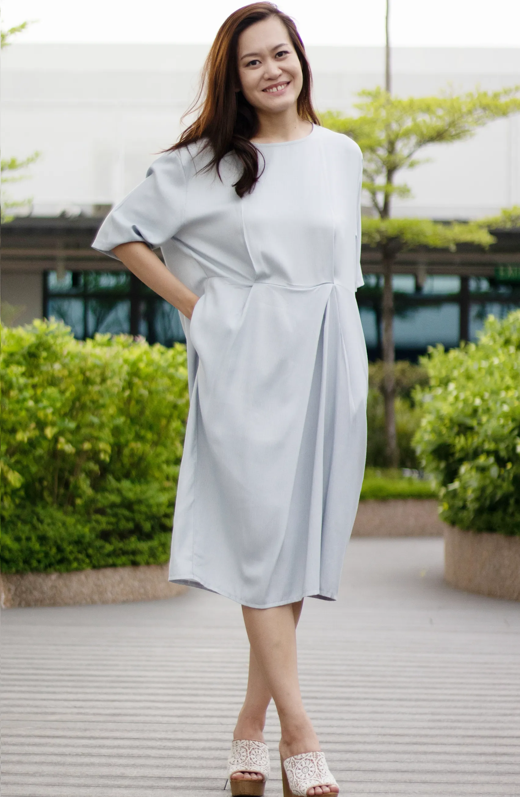 Soft Comfy Oversized Baby Blue T-Shirt Silk Linen Pleat Dress
