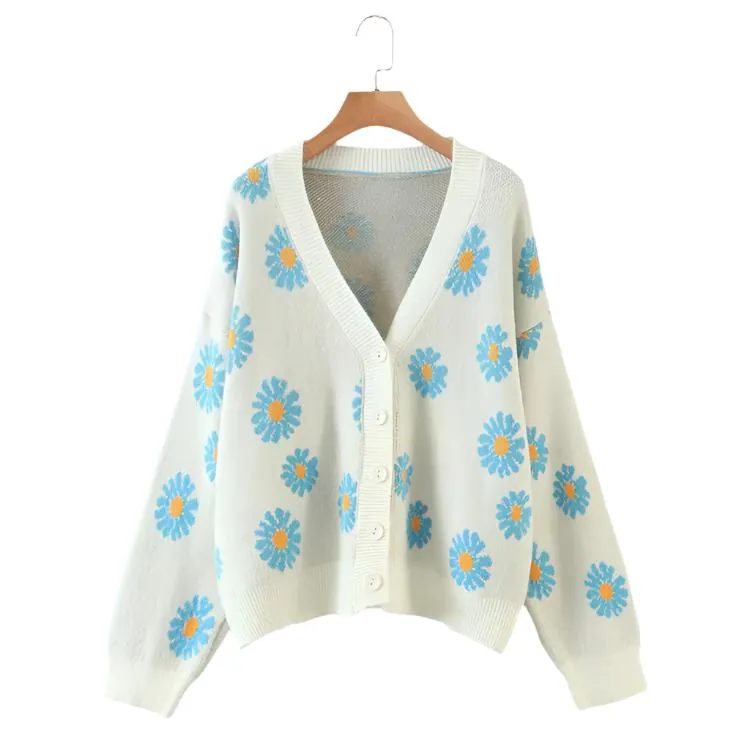 V-Neck Floral Print Cardigan Sweater