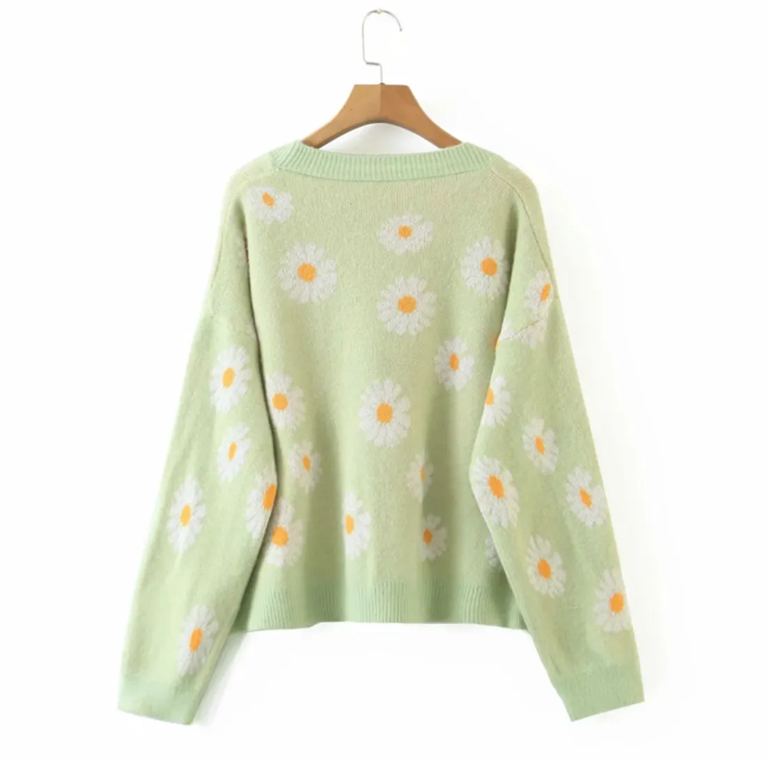 V-Neck Floral Print Cardigan Sweater