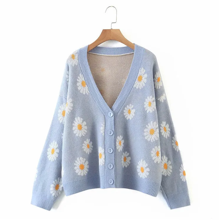 V-Neck Floral Print Cardigan Sweater