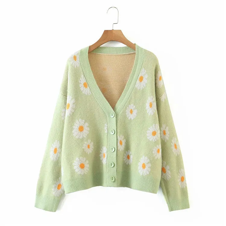 V-Neck Floral Print Cardigan Sweater