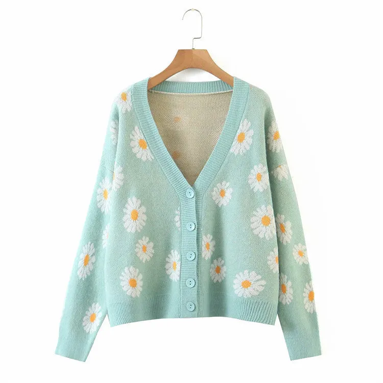 V-Neck Floral Print Cardigan Sweater
