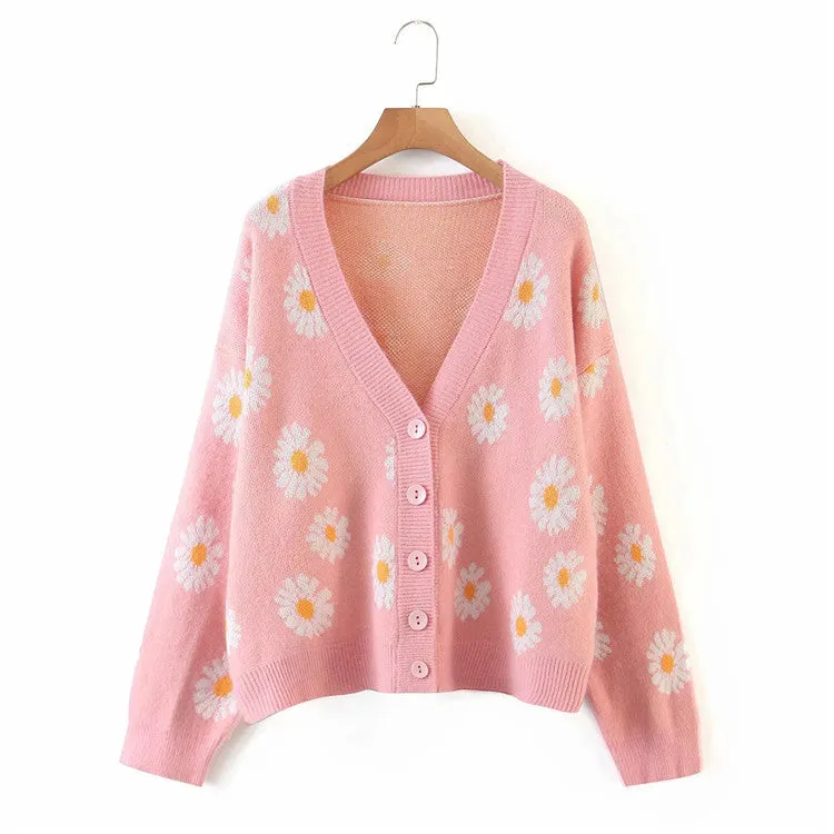 V-Neck Floral Print Cardigan Sweater
