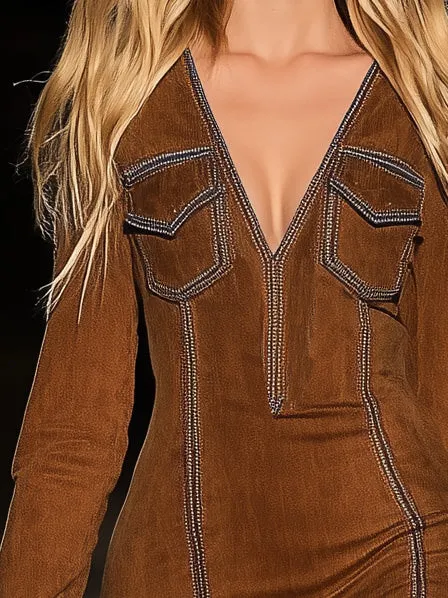 Vintage Brown Denim Ruffle Long Sleeve Mini Dress
