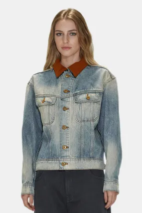 Vintage Washed Jean Jacket with Corduroy Collar