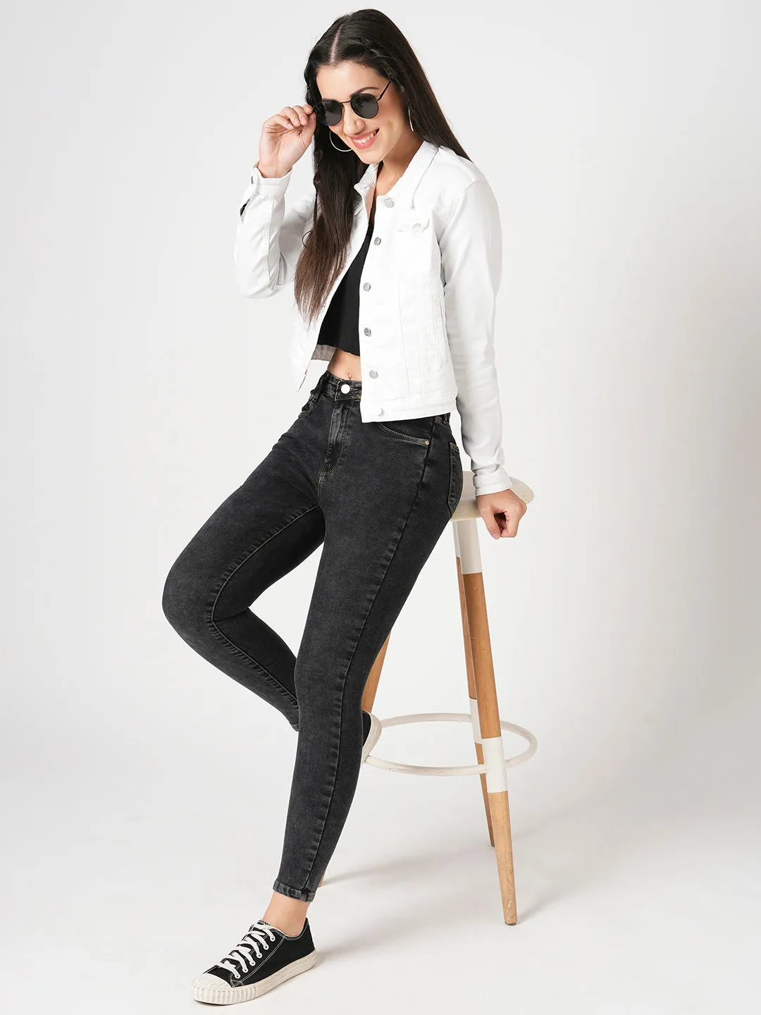 Women White Solid Long Sleeves Jacket